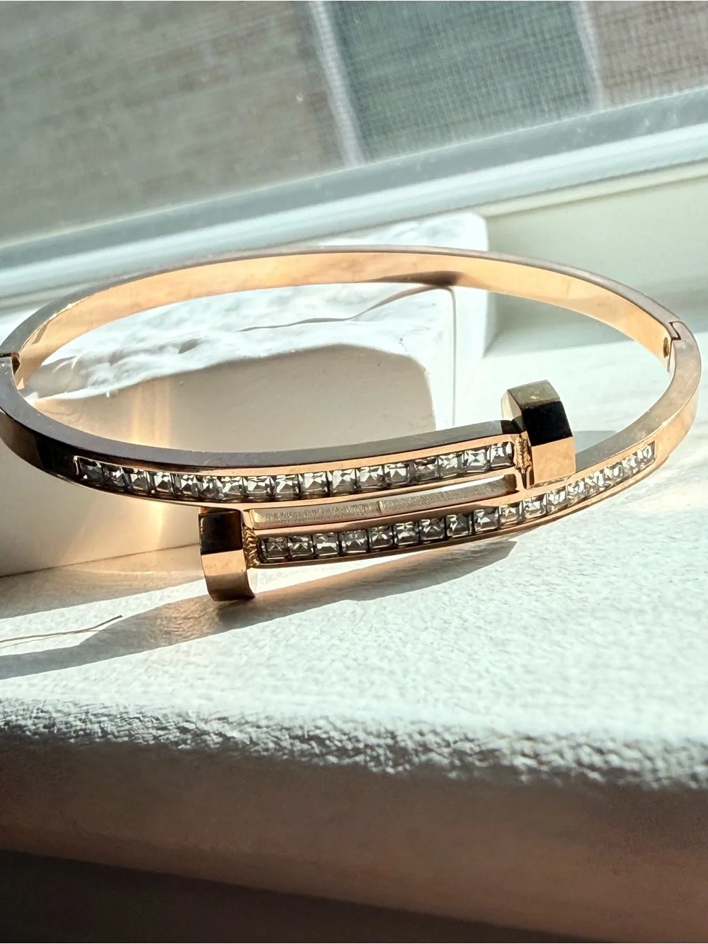Rose Gold Plated Crystal Accent Open Bangle Bracelet size 7